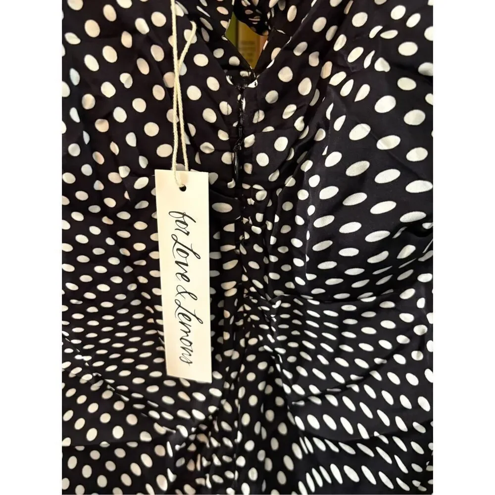 NWT For Love & Lemons Beth Black & White Polka Dot Midi Dress Size Small